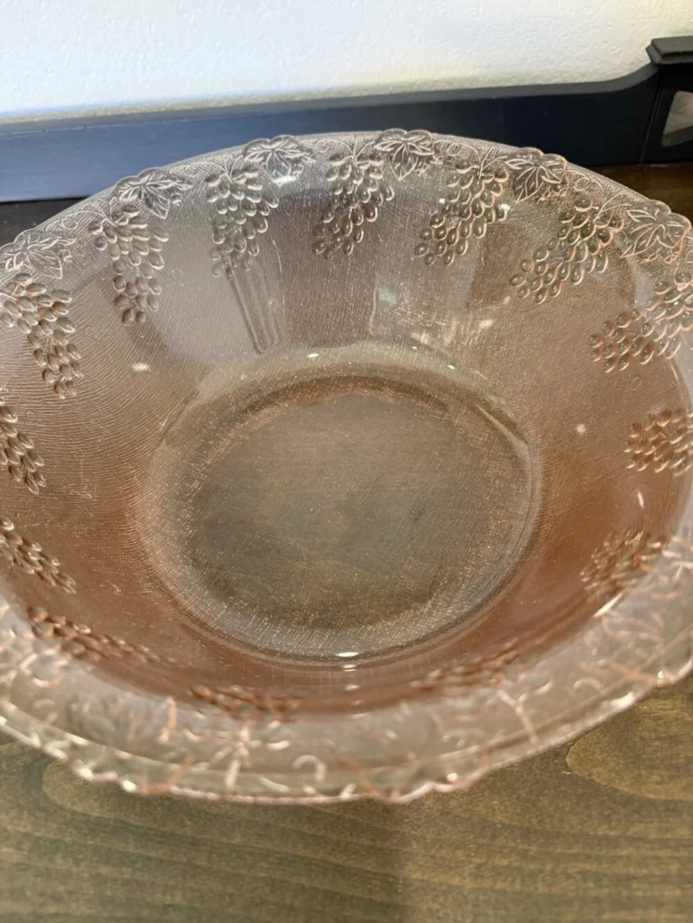 Antique Large Pink Depression Glass Round Fruit Serving Bowl Embossed /Grapes